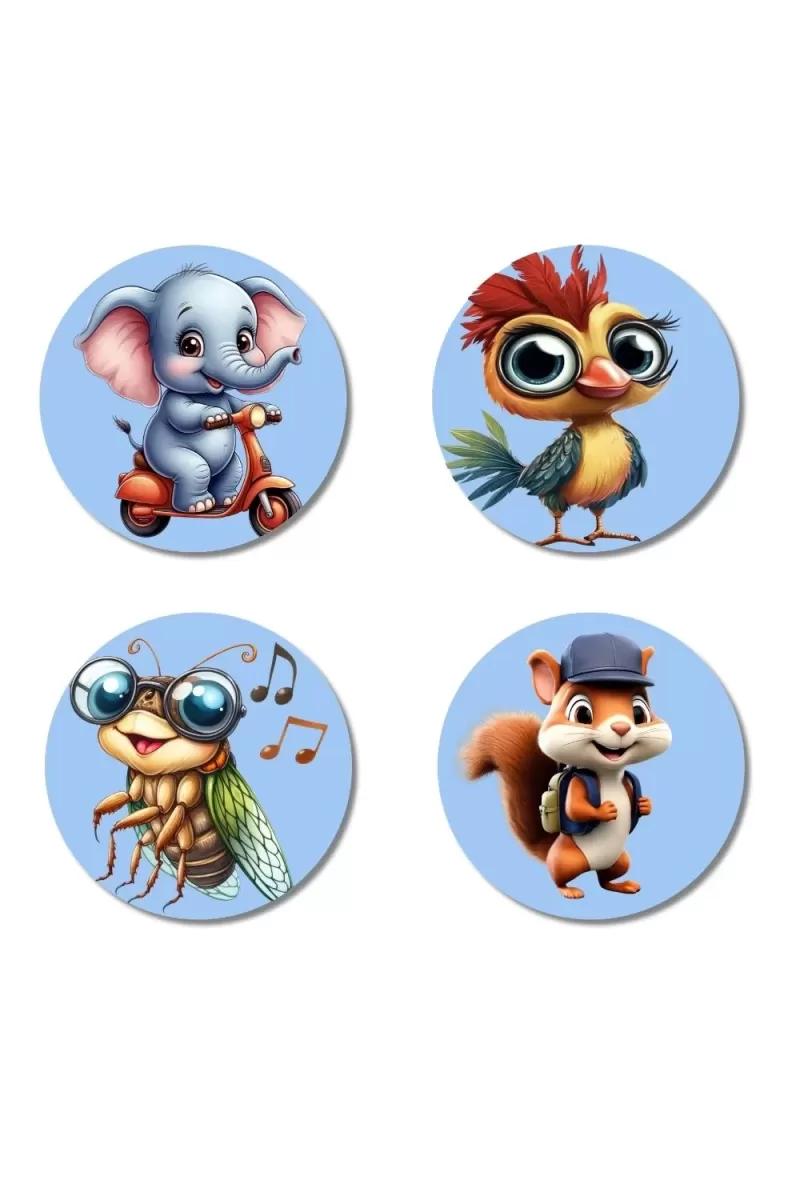 Elephant, Bird, Bee, And Squirrel. Fridge Magnets Ã¢â‚¬â€œ 4 Piece Set | 3 Inch Round Wall Fridge Decor (F23064)