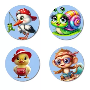 Stork, Snail, Duck, And Monkey. Fridge Magnets Ã¢â‚¬â€œ 4 Piece Set | 3 Inch Round Wall Fridge Decor (F23065)