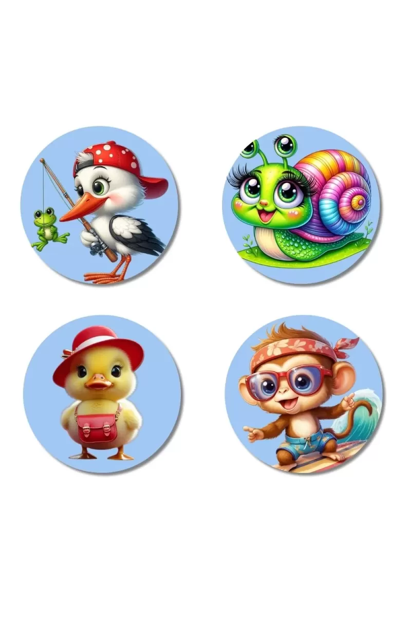 Stork, Snail, Duck, And Monkey. Fridge Magnets Ã¢â‚¬â€œ 4 Piece Set | 3 Inch Round Wall Fridge Decor (F23065)