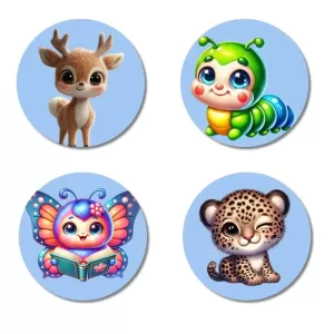 Deer, Caterpillar, Butterfly, And Leopard. Fridge Magnets Ã¢â‚¬â€œ 4 Piece Set | 3 Inch Round Wall Fridge Decor (F23068)
