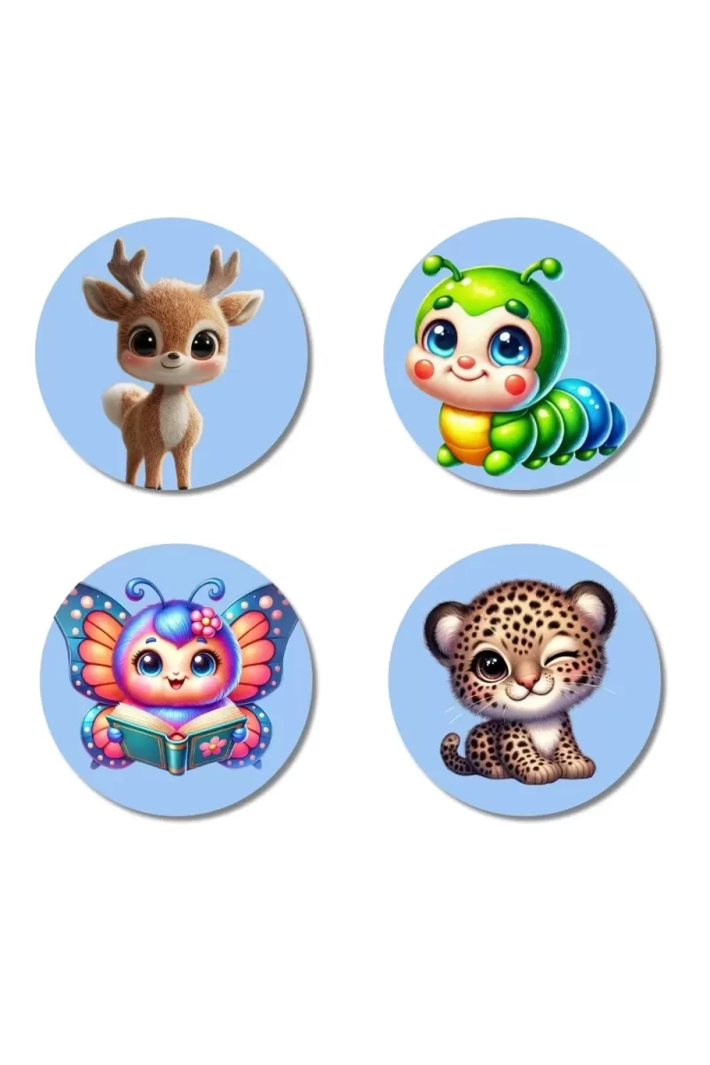 Deer, Caterpillar, Butterfly, And Leopard. Fridge Magnets Ã¢â‚¬â€œ 4 Piece Set | 3 Inch Round Wall Fridge Decor (F23068)
