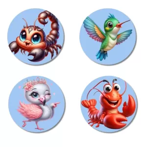 Scorpion, Hummingbird, Flamingo, And Lobster. Fridge Magnets – 4 Piece Set | 3 Inch Round Wall Fridge Decor (F23069) Scorpion, Hummingbird, Flamingo, And Lobster. Fridge Magnets – 4 Piece Set | 3 Inch Round Wall Fridge Decor (F23069)