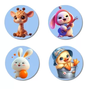 Giraffe, Bunny, Rabbit, And Chick. Fridge Magnets Ã¢â‚¬â€œ 4 Piece Set | 3 Inch Round Wall Fridge Decor (F23052)