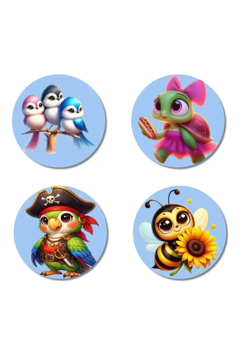 Birds, Turtle, Parrot, And Bee., Cow, Deer, And Panda. Fridge Magnets Ã¢â‚¬â€œ 4 Piece Set | 3 Inch Round Wall Fridge Decor (F23070)