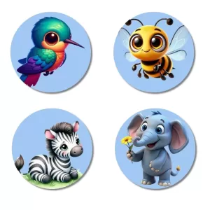 Hummingbird, Bee, Zebra, And Elephant. Fridge Magnets – 4 Piece Set | 3 Inch Round Wall Fridge Decor (F23053) Hummingbird, Bee, Zebra, And Elephant. Fridge Magnets – 4 Piece Set | 3 Inch Round Wall Fridge Decor (F23053)