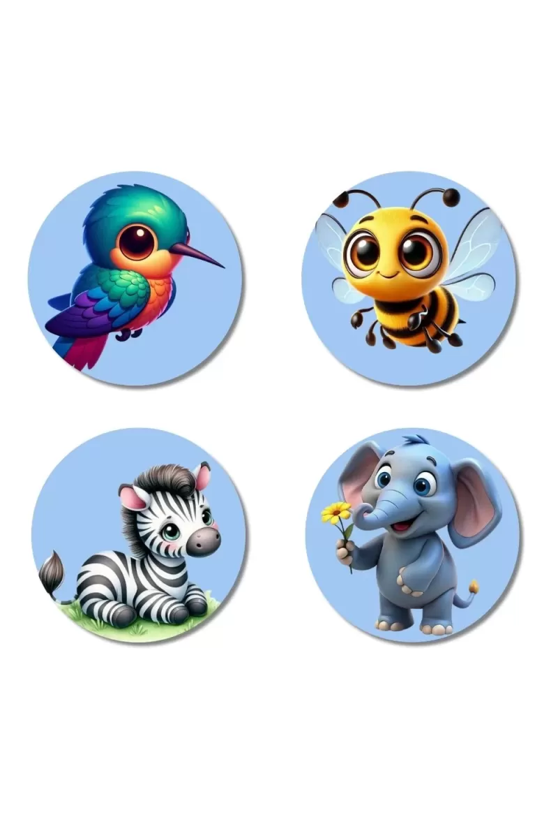 Hummingbird, Bee, Zebra, And Elephant. Fridge Magnets Ã¢â‚¬â€œ 4 Piece Set | 3 Inch Round Wall Fridge Decor (F23053)