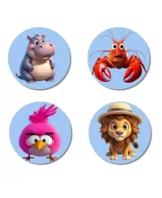 Hippo, Lobster, Bird, And Lion. Fridge Magnets Ã¢â‚¬â€œ 4 Piece Set | 3 Inch Round Wall Fridge Decor (F23054)