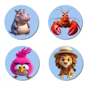 Hippo, Lobster, Bird, And Lion. Fridge Magnets – 4 Piece Set | 3 Inch Round Wall Fridge Decor (F23054) Hippo, Lobster, Bird, And Lion. Fridge Magnets – 4 Piece Set | 3 Inch Round Wall Fridge Decor (F23054)