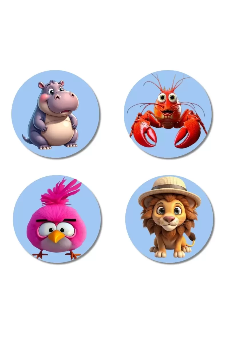 Hippo, Lobster, Bird, And Lion. Fridge Magnets Ã¢â‚¬â€œ 4 Piece Set | 3 Inch Round Wall Fridge Decor (F23054)