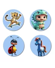 Leopard, Dinosaur, Ladybug, And Pony. Fridge Magnets Ã¢â‚¬â€œ 4 Piece Set | 3 Inch Round Wall Fridge Decor (F23055)