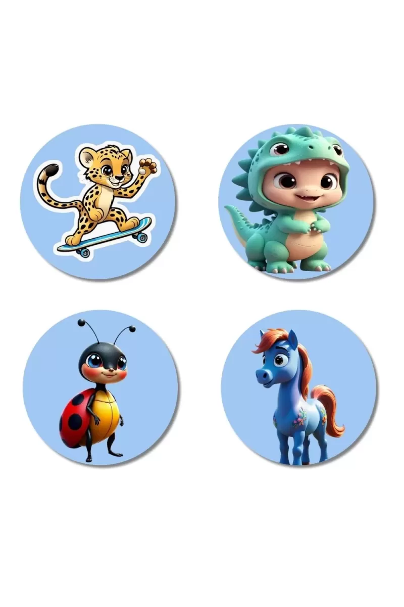 Leopard, Dinosaur, Ladybug, And Pony. Fridge Magnets Ã¢â‚¬â€œ 4 Piece Set | 3 Inch Round Wall Fridge Decor (F23055)