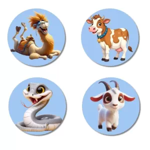 Camel, Cow, Snake, And Goat. Fridge Magnets – 4 Piece Set | 3 Inch Round Wall Fridge Decor (F23056) Camel, Cow, Snake, And Goat. Fridge Magnets – 4 Piece Set | 3 Inch Round Wall Fridge Decor (F23056)