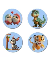Birds, Dinosaur, Donkey, And Tiger. Fridge Magnets – 4 Piece Set | 3 Inch Round Wall Fridge Decor (F23057) Birds, Dinosaur, Donkey, And Tiger. Fridge Magnets – 4 Piece Set | 3 Inch Round Wall Fridge Decor (F23057)