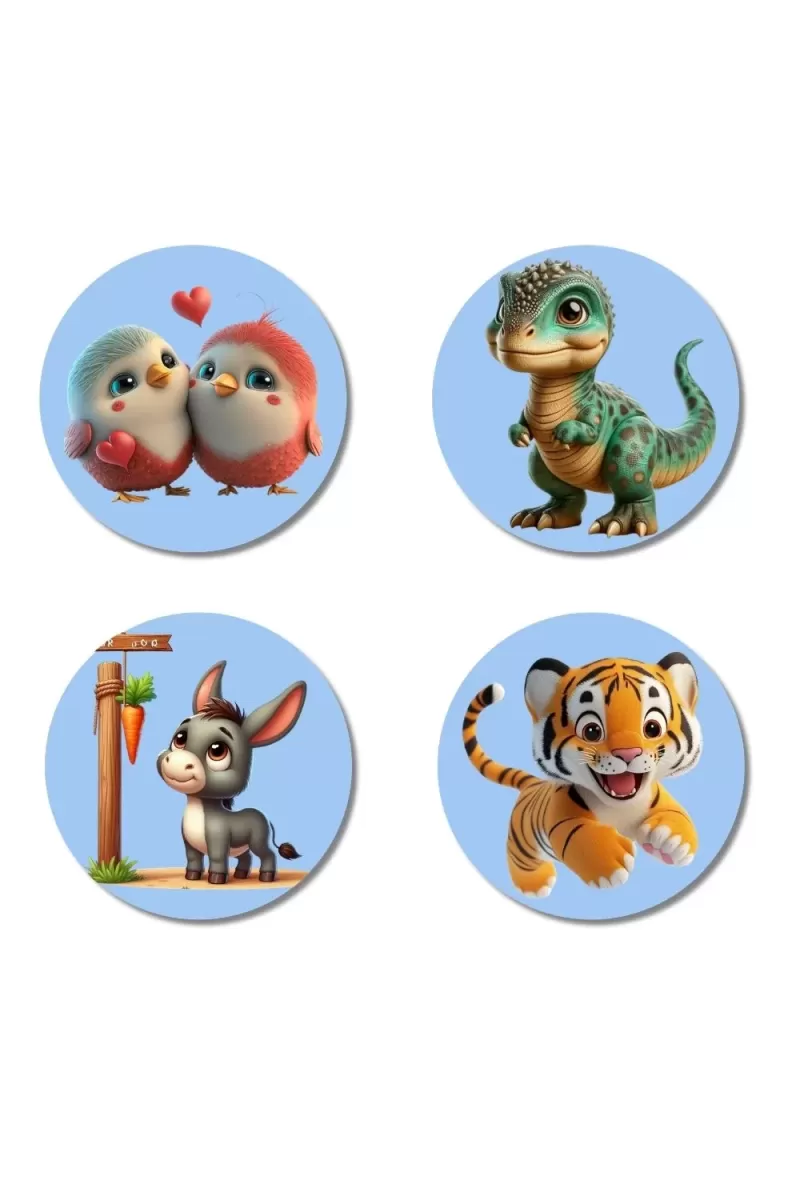 Birds, Dinosaur, Donkey, And Tiger. Fridge Magnets Ã¢â‚¬â€œ 4 Piece Set | 3 Inch Round Wall Fridge Decor (F23057)