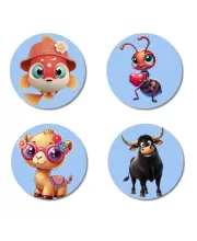 Goldfish, Ant, Camel, And Bull. Fridge Magnets Ã¢â‚¬â€œ 4 Piece Set | 3 Inch Round Wall Fridge Decor (F23059)