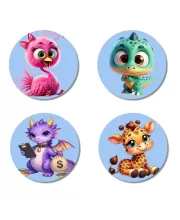 Flamingo, Dinosaur, Dragon, And Giraffe. Fridge Magnets Ã¢â‚¬â€œ 4 Piece Set | 3 Inch Round Wall Fridge Decor (F23071)