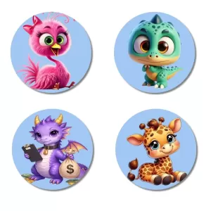 Flamingo, Dinosaur, Dragon, And Giraffe. Fridge Magnets Ã¢â‚¬â€œ 4 Piece Set | 3 Inch Round Wall Fridge Decor (F23071)