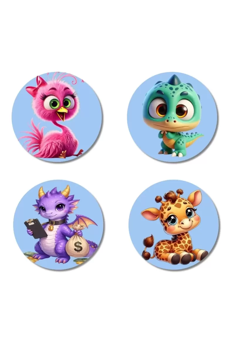 Flamingo, Dinosaur, Dragon, And Giraffe. Fridge Magnets Ã¢â‚¬â€œ 4 Piece Set | 3 Inch Round Wall Fridge Decor (F23071)
