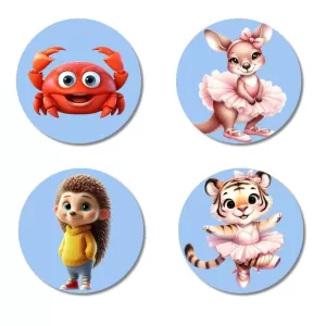 Crab, Kangaroo, Hedgehog, And Tiger. Fridge Magnets Ã¢â‚¬â€œ 4 Piece Set | 3 Inch Round Wall Fridge Decor (F23072)