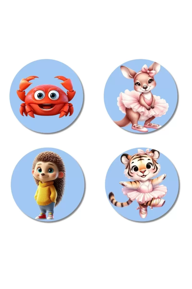 Crab, Kangaroo, Hedgehog, And Tiger. Fridge Magnets Ã¢â‚¬â€œ 4 Piece Set | 3 Inch Round Wall Fridge Decor (F23072)