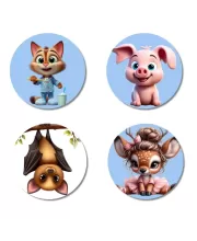 Cat, Pig, Bat, And Deer. Fridge Magnets Ã¢â‚¬â€œ 4 Piece Set | 3 Inch Round Wall Fridge Decor (F23073)