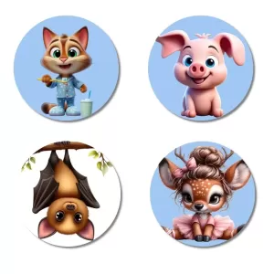 Cat, Pig, Bat, And Deer. Fridge Magnets – 4 Piece Set | 3 Inch Round Wall Fridge Decor (F23073) Cat, Pig, Bat, And Deer. Fridge Magnets – 4 Piece Set | 3 Inch Round Wall Fridge Decor (F23073)