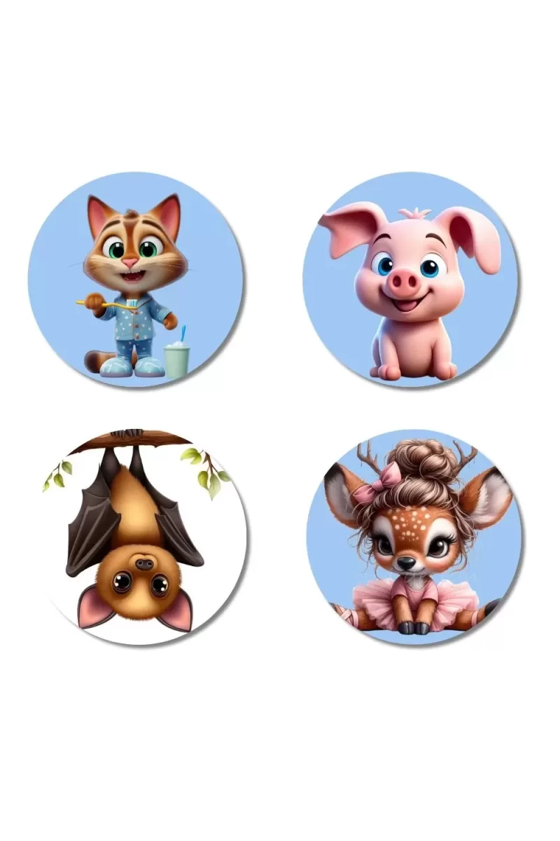 Cat, Pig, Bat, And Deer. Fridge Magnets Ã¢â‚¬â€œ 4 Piece Set | 3 Inch Round Wall Fridge Decor (F23073)
