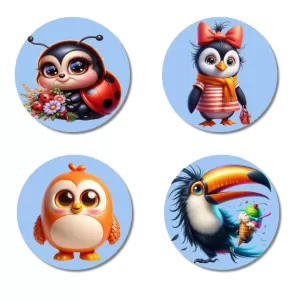 Ladybug, Penguin, Chick, And Toucan. Fridge Magnets – 4 Piece Set | 3 Inch Round Wall Fridge Decor (F23074) Ladybug, Penguin, Chick, And Toucan. Fridge Magnets – 4 Piece Set | 3 Inch Round Wall Fridge Decor (F23074)