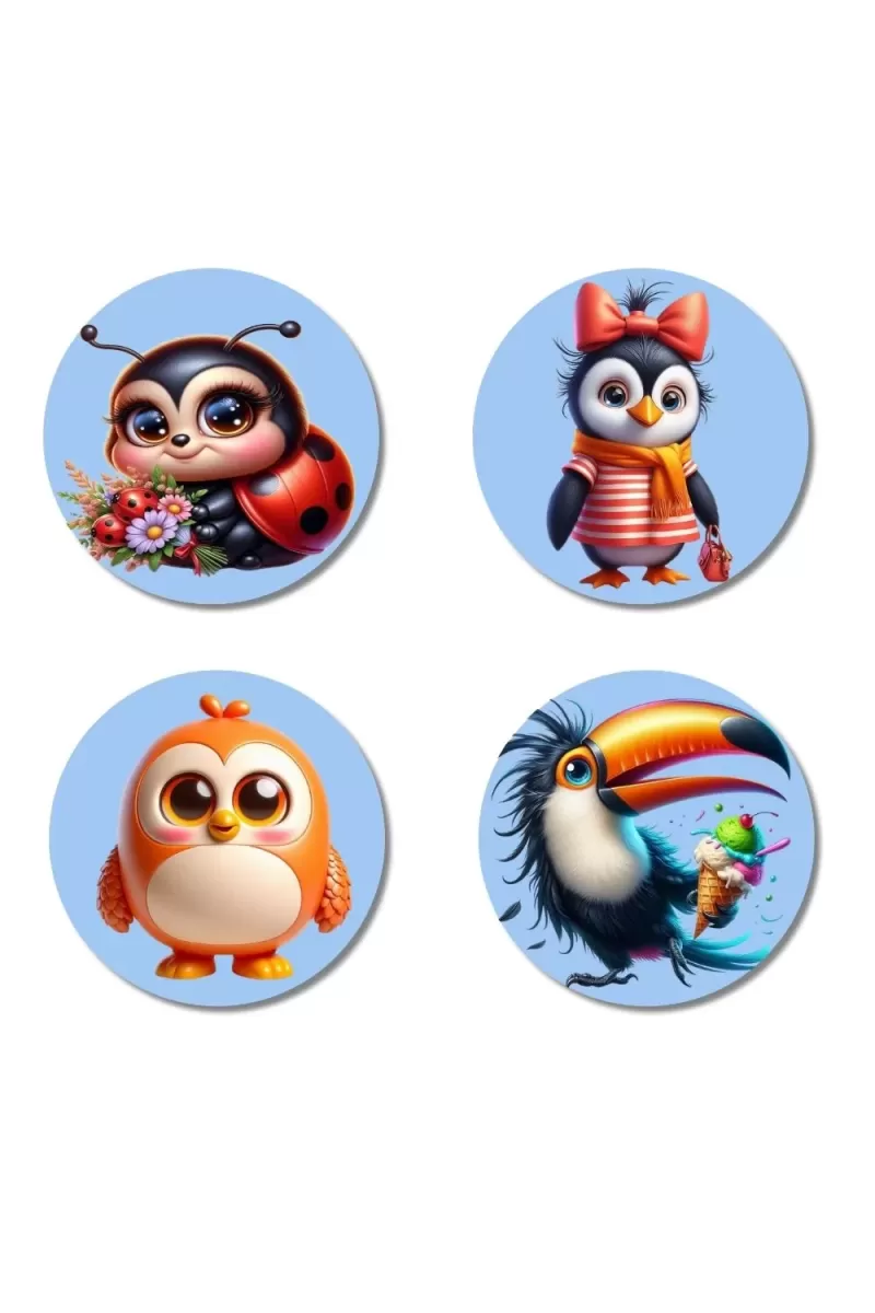 Ladybug, Penguin, Chick, And Toucan. Fridge Magnets Ã¢â‚¬â€œ 4 Piece Set | 3 Inch Round Wall Fridge Decor (F23074)