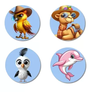 Bird, Camel, Seagull, And Dolphin. Fridge Magnets – 4 Piece Set | 3 Inch Round Wall Fridge Decor (F23075) Bird, Camel, Seagull, And Dolphin. Fridge Magnets – 4 Piece Set | 3 Inch Round Wall Fridge Decor (F23075)