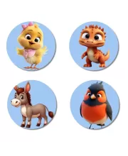 Chick, Dinosaur, Donkey, And Bird. Fridge Magnets Ã¢â‚¬â€œ 4 Piece Set | 3 Inch Round Wall Fridge Decor (F23076)