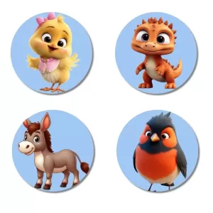 Chick, Dinosaur, Donkey, And Bird. Fridge Magnets – 4 Piece Set | 3 Inch Round Wall Fridge Decor (F23076) Chick, Dinosaur, Donkey, And Bird. Fridge Magnets – 4 Piece Set | 3 Inch Round Wall Fridge Decor (F23076)