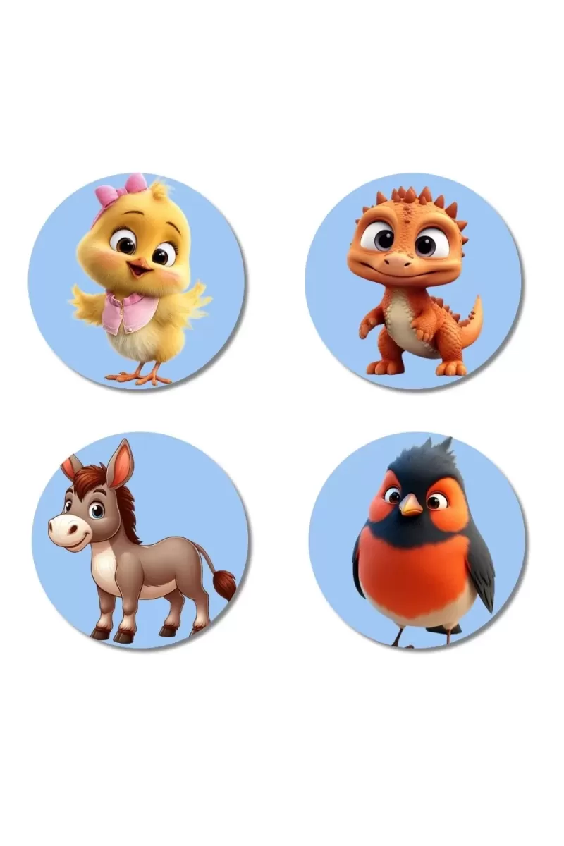 Chick, Dinosaur, Donkey, And Bird. Fridge Magnets Ã¢â‚¬â€œ 4 Piece Set | 3 Inch Round Wall Fridge Decor (F23076)