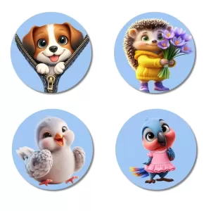 Dog, Hedgehog, Chick, And Bird. Fridge Magnets Ã¢â‚¬â€œ 4 Piece Set | 3 Inch Round Wall Fridge Decor (F23077)