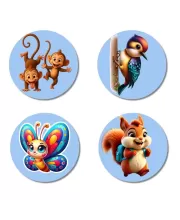 Monkeys, Woodpecker, Butterfly, And Squirrel. Fridge Magnets Ã¢â‚¬â€œ 4 Piece Set | 3 Inch Round Wall Fridge Decor (F23079)