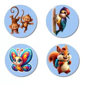 Monkeys, Woodpecker, Butterfly, And Squirrel. Fridge Magnets – 4 Piece Set | 3 Inch Round Wall Fridge Decor (F23079) Monkeys, Woodpecker, Butterfly, And Squirrel. Fridge Magnets – 4 Piece Set | 3 Inch Round Wall Fridge Decor (F23079)