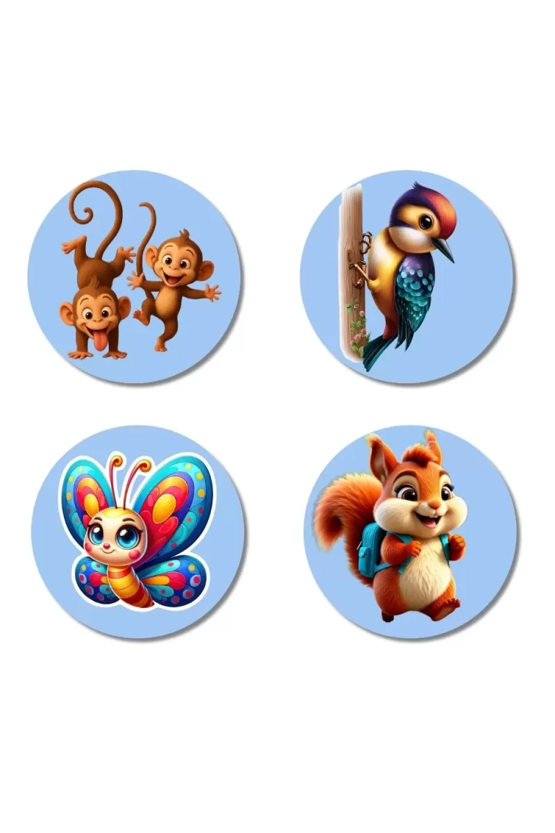 Monkeys, Woodpecker, Butterfly, And Squirrel. Fridge Magnets Ã¢â‚¬â€œ 4 Piece Set | 3 Inch Round Wall Fridge Decor (F23079)
