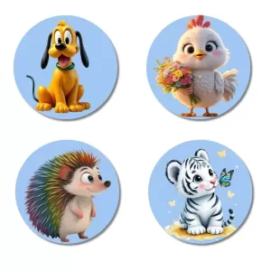 Dog, Chick, Hedgehog, And Tiger. Fridge Magnets – 4 Piece Set | 3 Inch Round Wall Fridge Decor (F23080) Dog, Chick, Hedgehog, And Tiger. Fridge Magnets – 4 Piece Set | 3 Inch Round Wall Fridge Decor (F23080)