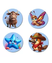 Bull, Butterfly, Starfish, And Platypus. Fridge Magnets Ã¢â‚¬â€œ 4 Piece Set | 3 Inch Round Wall Fridge Decor (F23081)