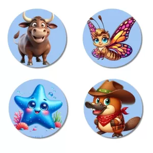 Bull, Butterfly, Starfish, And Platypus. Fridge Magnets Ã¢â‚¬â€œ 4 Piece Set | 3 Inch Round Wall Fridge Decor (F23081)