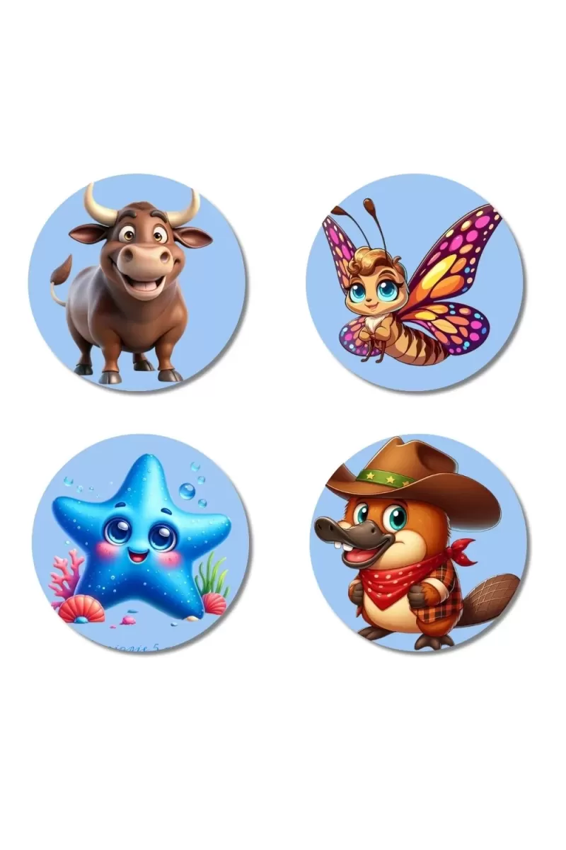 Bull, Butterfly, Starfish, And Platypus. Fridge Magnets Ã¢â‚¬â€œ 4 Piece Set | 3 Inch Round Wall Fridge Decor (F23081)