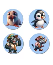 Walrus, Penguin, Gorilla, And Rhino. Fridge Magnets Ã¢â‚¬â€œ 4 Piece Set | 3 Inch Round Wall Fridge Decor (F23083)
