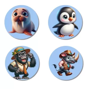 Walrus, Penguin, Gorilla, And Rhino. Fridge Magnets – 4 Piece Set | 3 Inch Round Wall Fridge Decor (F23083) Walrus, Penguin, Gorilla, And Rhino. Fridge Magnets – 4 Piece Set | 3 Inch Round Wall Fridge Decor (F23083)