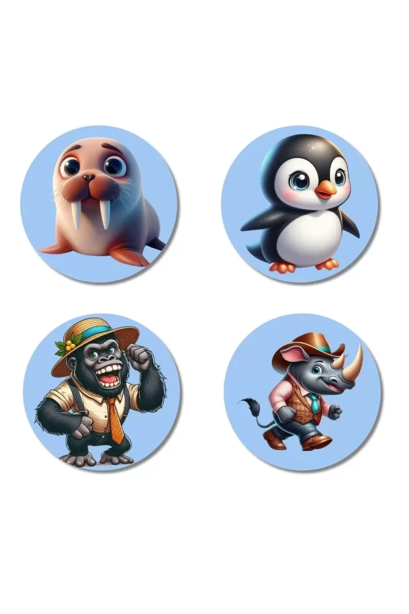 Walrus, Penguin, Gorilla, And Rhino. Fridge Magnets Ã¢â‚¬â€œ 4 Piece Set | 3 Inch Round Wall Fridge Decor (F23083)
