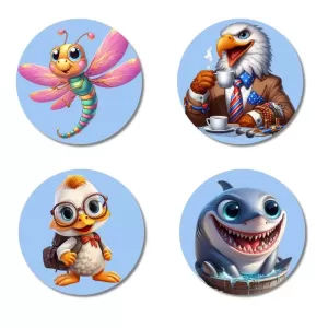 Dragonfly, Eagle, Duck, And Shark. Fridge Magnets Ã¢â‚¬â€œ 4 Piece Set | 3 Inch Round Wall Fridge Decor (F23084)