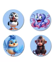 Puffin, Octopus, Bird, And Monkey. Fridge Magnets Ã¢â‚¬â€œ 4 Piece Set | 3 Inch Round Wall Fridge Decor (F23087)