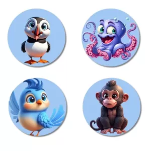Puffin, Octopus, Bird, And Monkey. Fridge Magnets Ã¢â‚¬â€œ 4 Piece Set | 3 Inch Round Wall Fridge Decor (F23087)