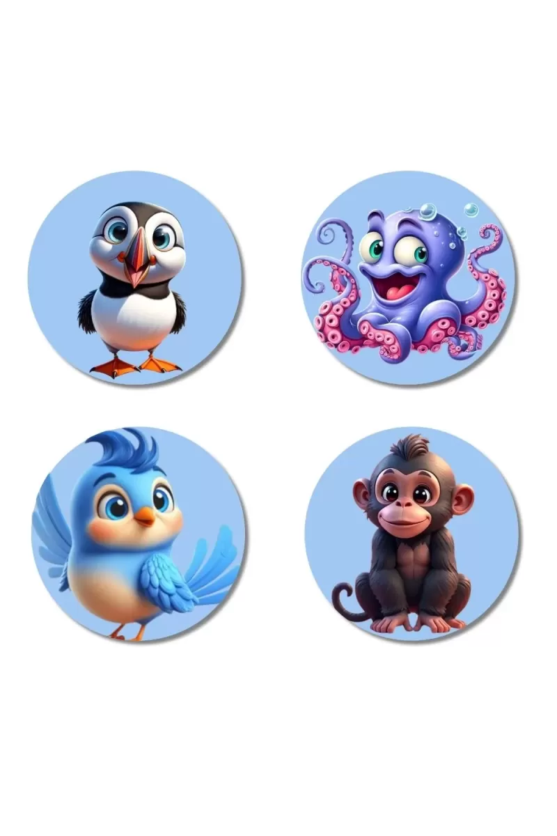 Puffin, Octopus, Bird, And Monkey. Fridge Magnets Ã¢â‚¬â€œ 4 Piece Set | 3 Inch Round Wall Fridge Decor (F23087)