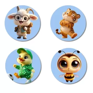 Goat, Tiger, Duck, And Bee. Fridge Magnets Ã¢â‚¬â€œ 4 Piece Set | 3 Inch Round Wall Fridge Decor (F23088)