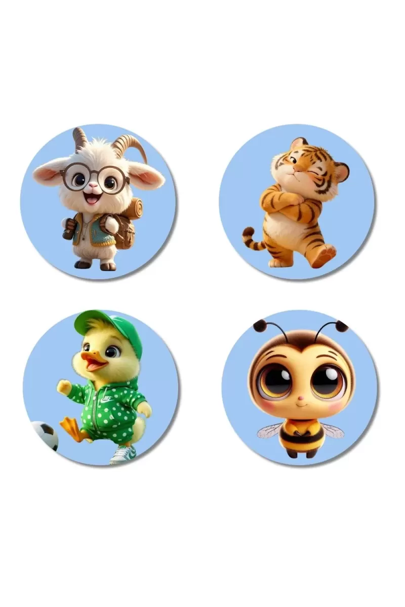Goat, Tiger, Duck, And Bee. Fridge Magnets Ã¢â‚¬â€œ 4 Piece Set | 3 Inch Round Wall Fridge Decor (F23088)